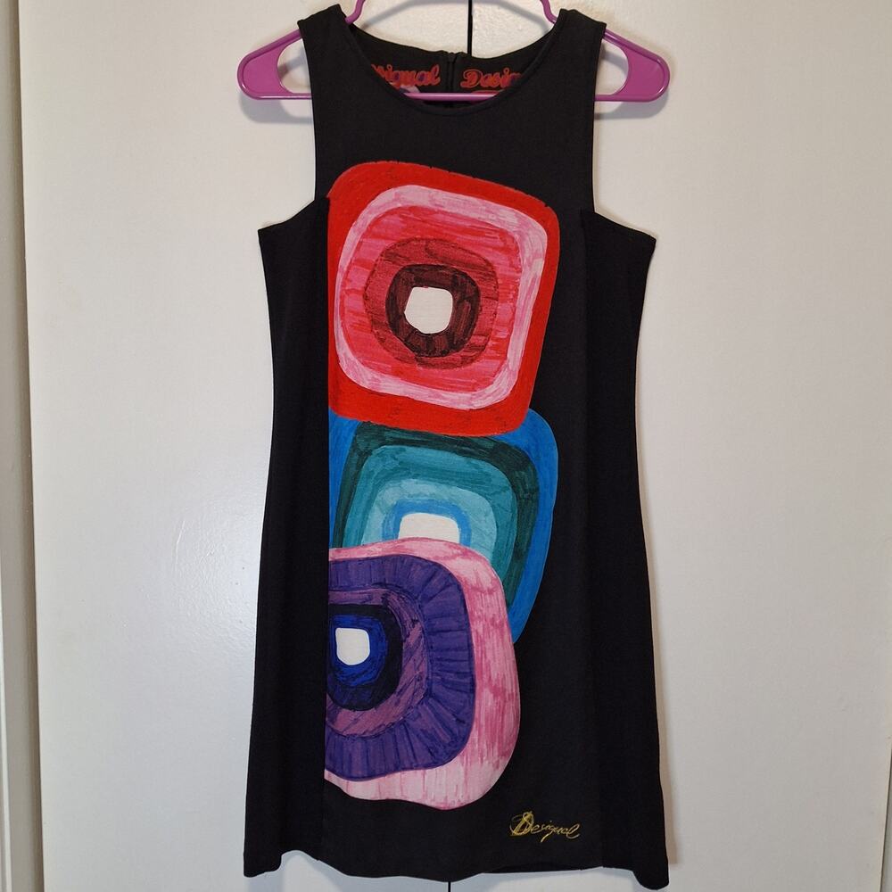 Desigual Rhina Black Abstract Squares Shift Tank Dress Size Medium